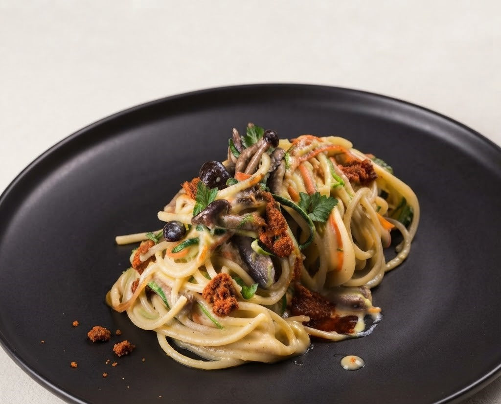 Spaghetti veggie con funghi trifolati e salsa di pomodori secchi
