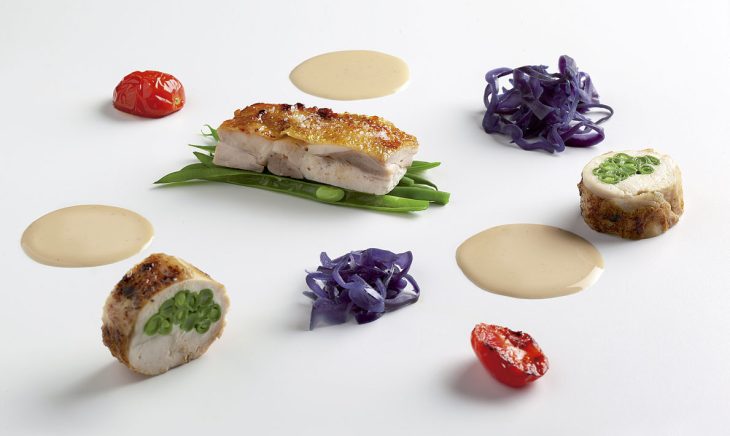 Petto di pollo farcito ai fagiolini, coscia croccante, cavolo viola e salsa al marsala Miano SRL